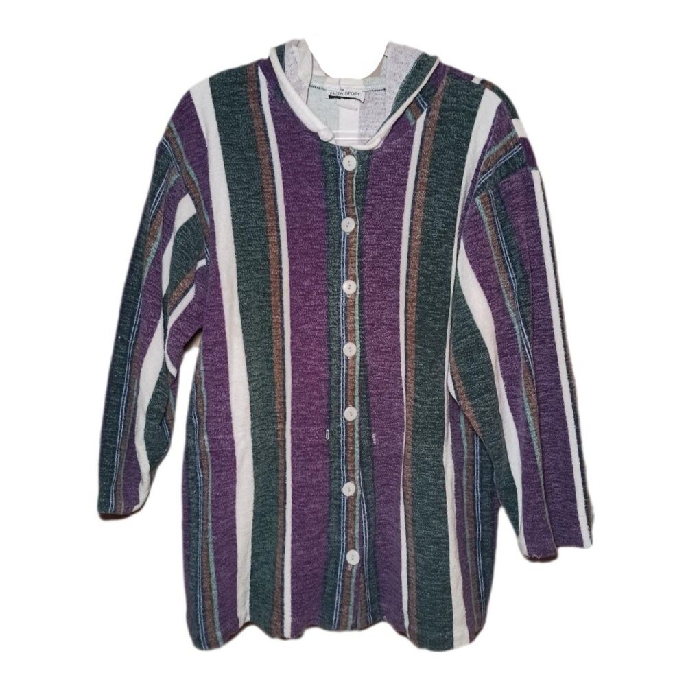 Made In USA Meta Sport Button Front Striped Hoodie Size L